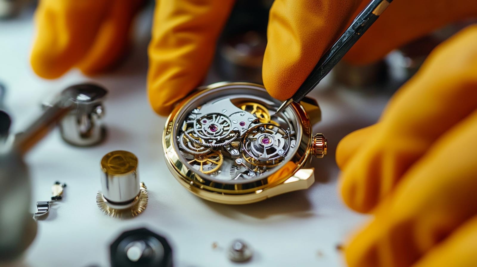 Tecnico con guanti al lavoro su un movimento aperto con pinzette di precisione